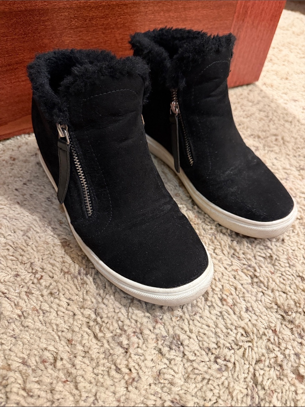 Madden Girl Black Faux Fur Zip-Up Wedge Sneaker Booties